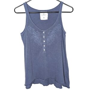 L.O.G.G. by H&M Blue Half Button Ruffled Floral Design Tank Top Size Small